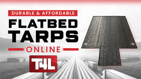 Tarps4Less promotional image with a black flatbed tarp and 'Durable & Affordable Flatbed Tarps Online' text, set against a highway background.